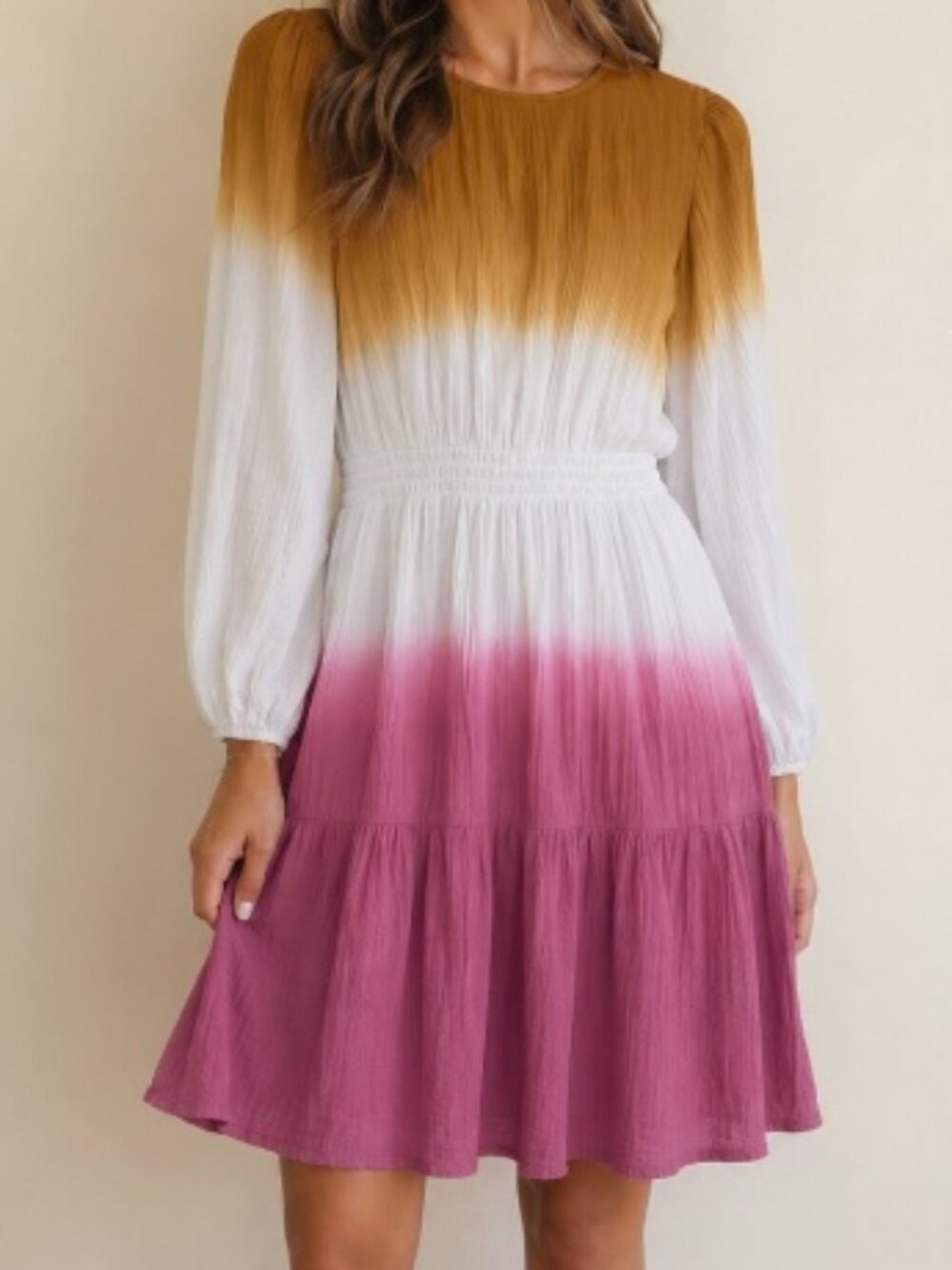 Ombre Layered Target Cotton Gauze Dress Puff Sleeve with Pockets